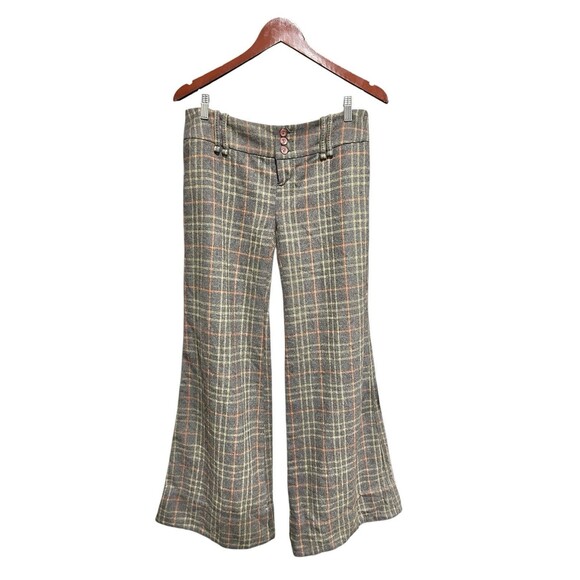 Vintage Free People Brown Plaid Wide Leg Flare Pants Size 6 Wool 90s Y2K School - Picture 1 of 6